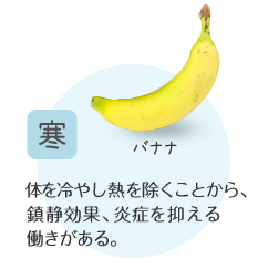 寒：体を冷やし熱を除くことから、鎮静効果、炎症を抑える働きがある。例）バナナ