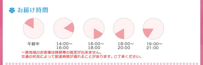 お届け時間　午前中/14：00～16：00/16：00～18：00/18：00～20：00/20：00～21：00
一部地域のお客様は時間帯の指定が出来ません。交通の状況によって配達時間が遅れることがあります。ご了承ください。