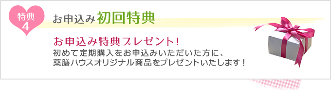 特典4　お申込み初回特典
お申込み特典プレゼント！初めて定期購入をお申込みいただいた方に、薬膳ハウスオリジナル商品をプレゼントいたします！